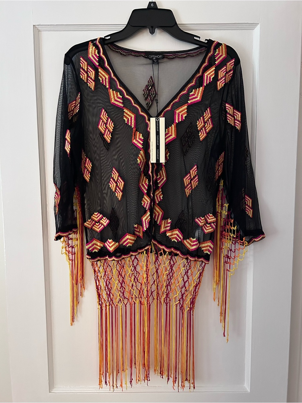 Topshop Black Sheer Embroidered Fringe Tunic with Pink & Gold Accents